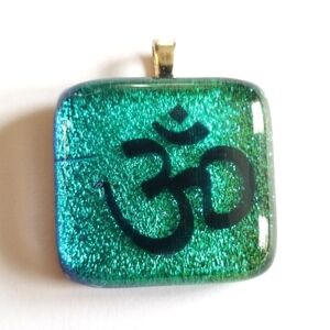 OM pendant symbol dichroic glass fused blue green glitter shine handmade